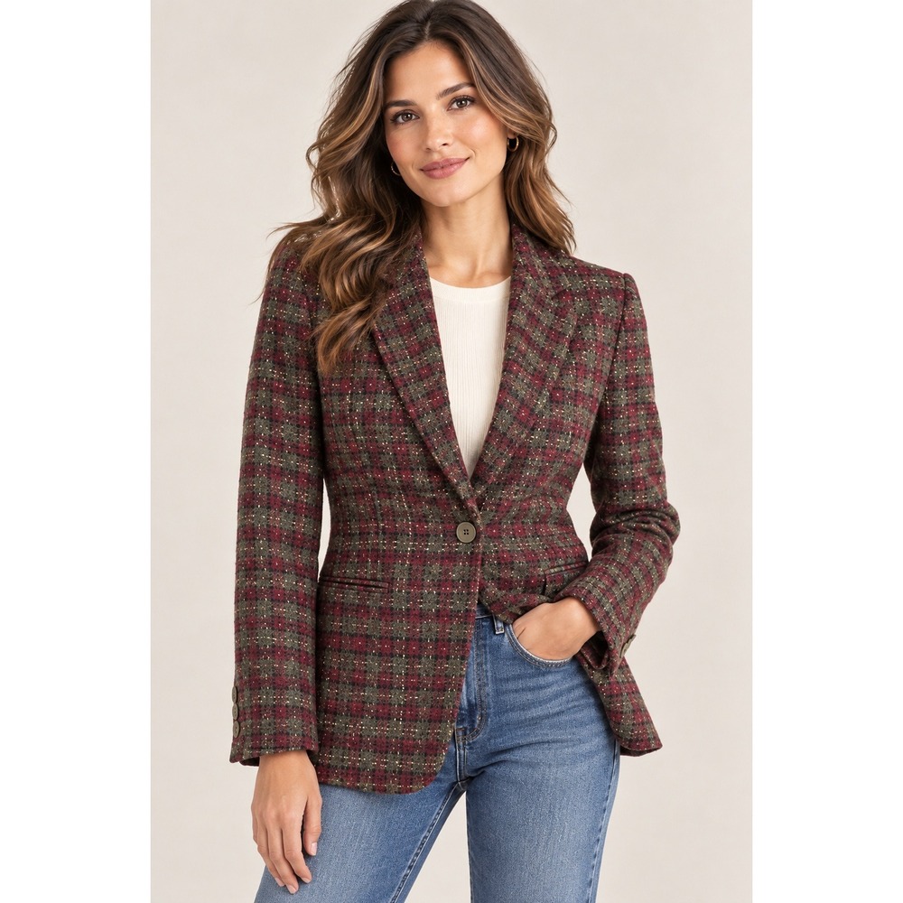 Vintage 90s Guess Collection Wool Plaid Blazer Women 6 Made USA Tweed Jacket
